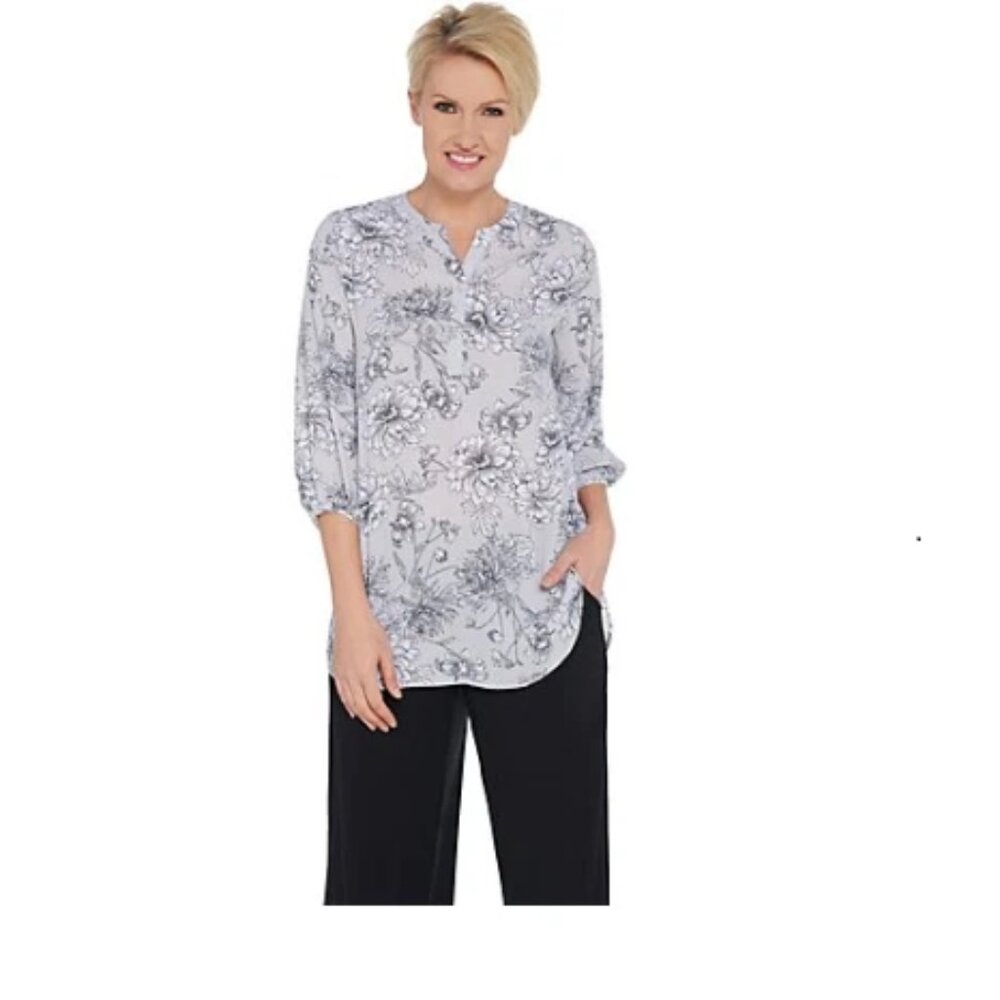 NEW Dennis Basso Printed Woven Split Neck 3/4-Sleeve Tunic-Gray-Reg 2-A346665